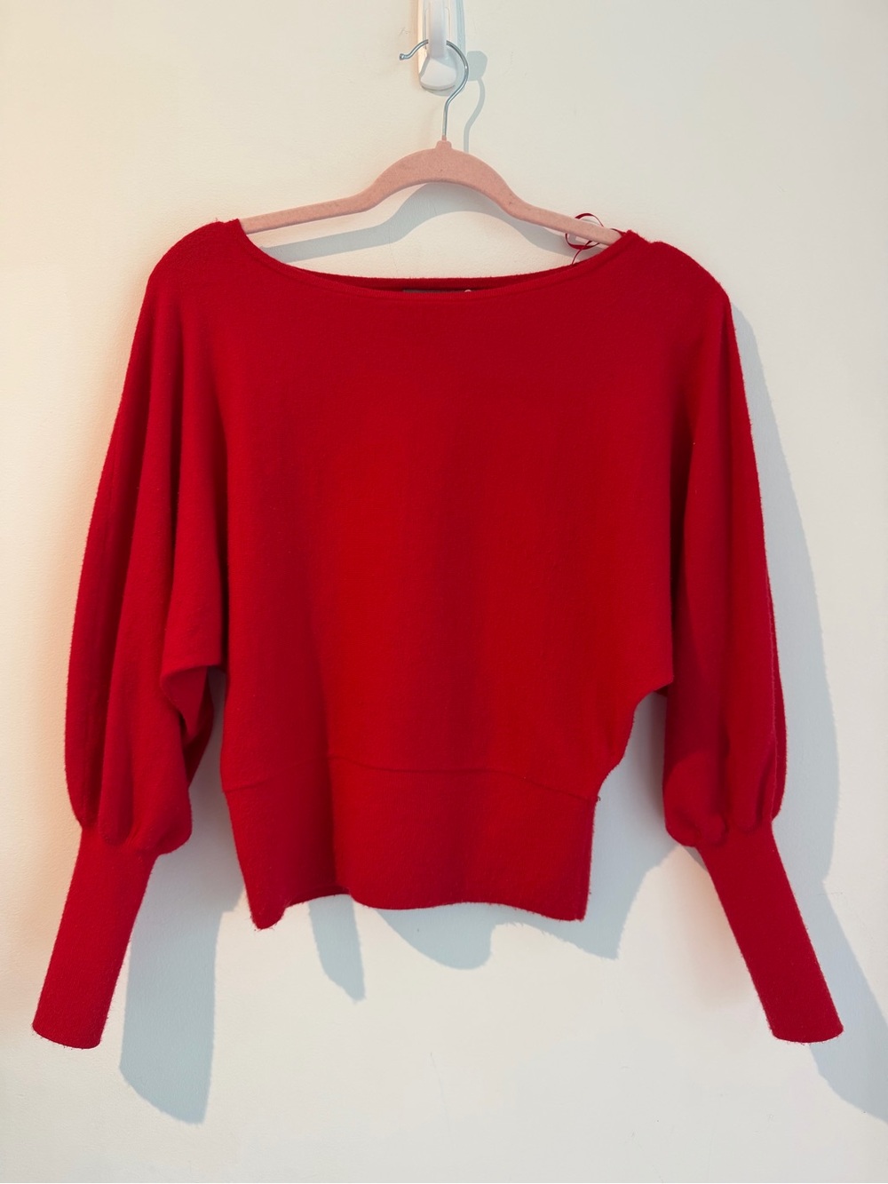 Anthropologie Red Boatneck Ribbed-Hem Balloon Sleeve Sweater - Picture 3 of 7